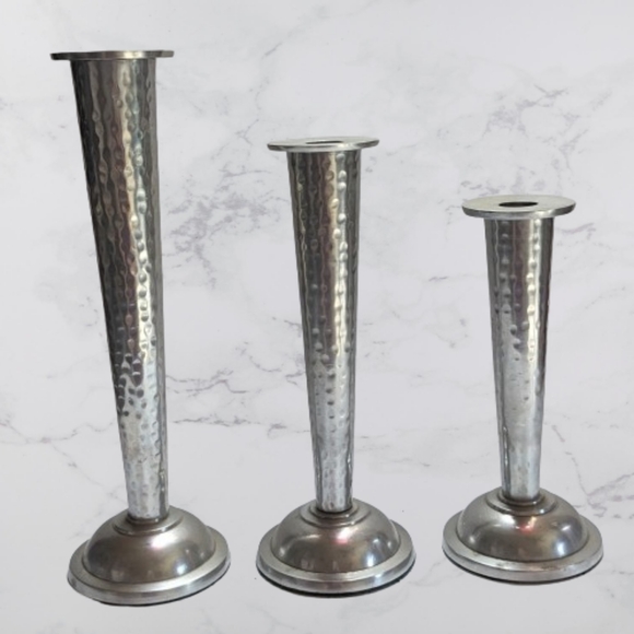 Modern Silver Tone Metal Hammered Tapper Candle Holders Candle Sticks - Picture 1 of 13